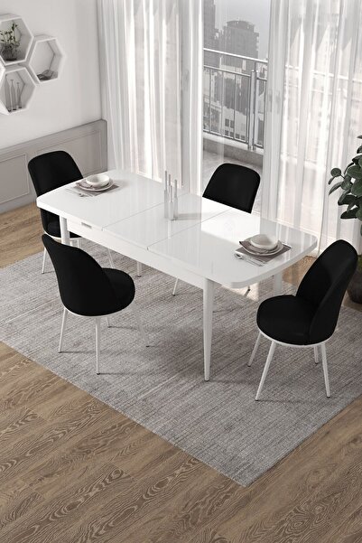 Canisa Kor Serisi 70x114 Açılabilir Mutfak Masası Takımı Beyaz Masa 4 Siyah Sandalye