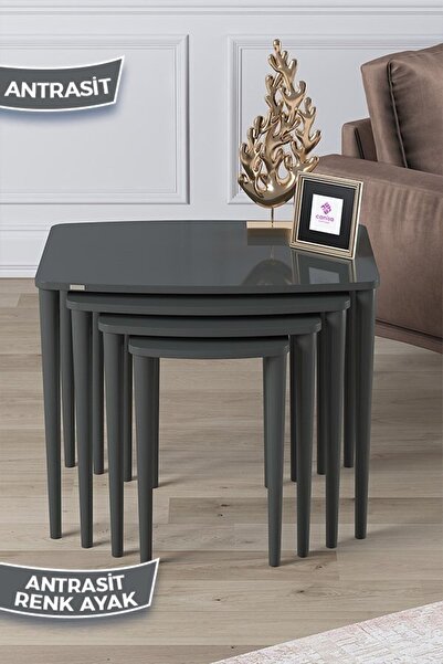 Canisa Telwe Serisi 1.sınıf Mdf Ve Lake Boya, Antrasit 4lü Zigon Sehpa Takımı, Gürgen Ayaklar