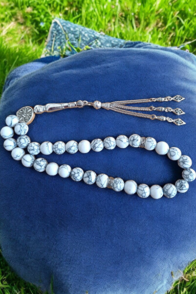 MGA DOĞAL TAŞ مسبحة صلاة من الحجر الفيروزي الأبيض مقاس 33 بوصة، لون الحجر الط...