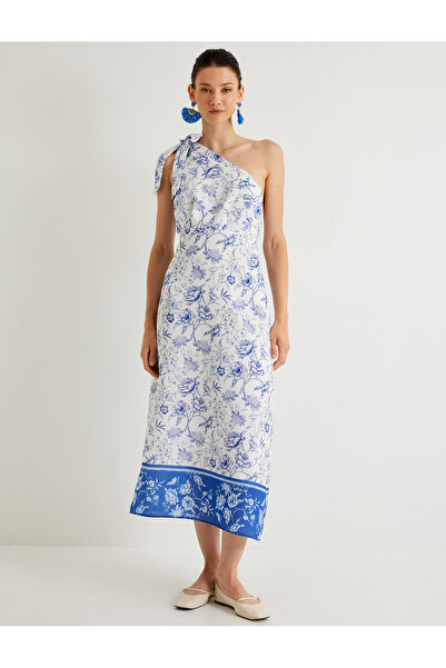 Koton Melis Ağazat - Midi šaty s květinovým potiskem na jedno rameno, lemované a detail mašle