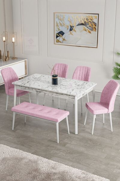 Canisa Concept Ada Serisi 80x130 Sabit, Bench'li Beyaz Mermer Masa Takımı+ 4S...
