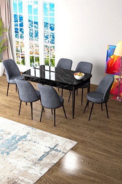 Canisa Concept Zen Serisi 80x132 Mdf Açılabilir Siyah Mermer Desen Masa Takımı Ve 6 Füme Sandalye