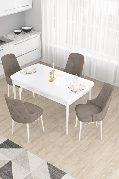 Canisa Concept Taç Serisi Açılabilir Mutfak Masası Takımı 80x132 Beyaz Masa 4...
