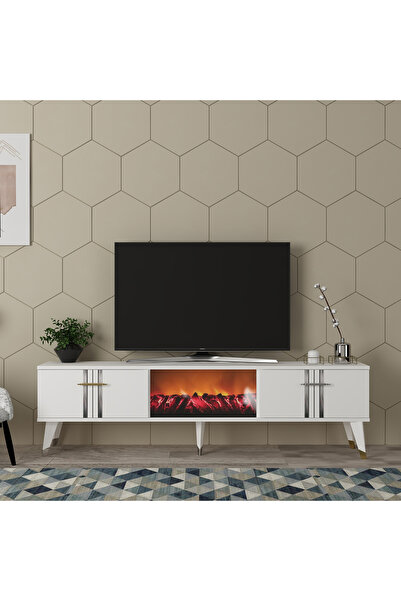 DEMONTE DECOR ASSEL  ŞÖMİNELİ TV SEHPASI (ALT MODÜL) BEYAZ-GÜMÜŞ