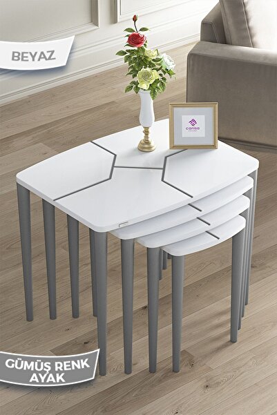 Canisa Concept Argent Serisi, Mdf Beyaz 4lü Beyaz Sehpa Takımı Gümüş Gürgen A...