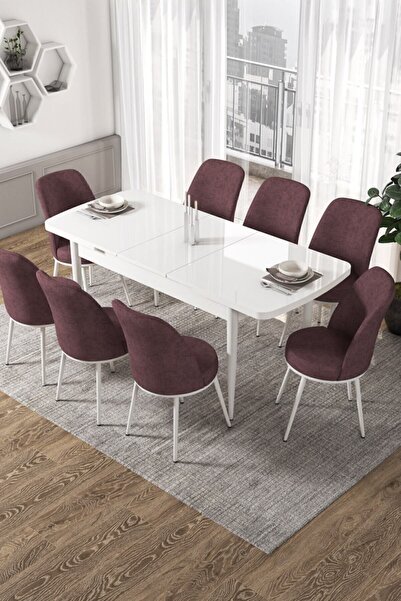 Canisa Concept Via Serisi 80x132 Açılabilir Mutfak Masası Takımı Beyaz Masa 8 Gül Kurusu Sandalye
