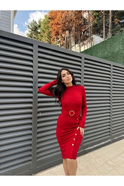 Sindimoda Eteği  Düğmeli Kemerli Midi Boy Elbise