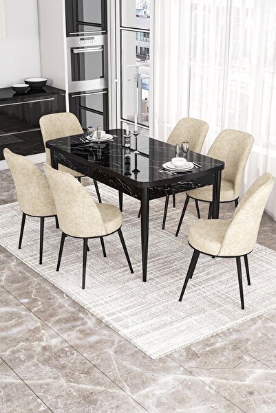 Canisa Concept Via Serisi 80x132 Açılabilir Mutfak Masası Takımı Siyah Mermer...