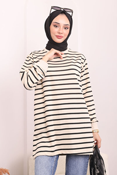 İmajButik Μαύρο ριγέ χιτώνα με λαιμόκοψη