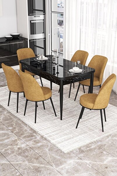 Canisa Concept Via Serisi 80x132 Açılabilir Mutfak Masası Takımı Siyah Mermer...