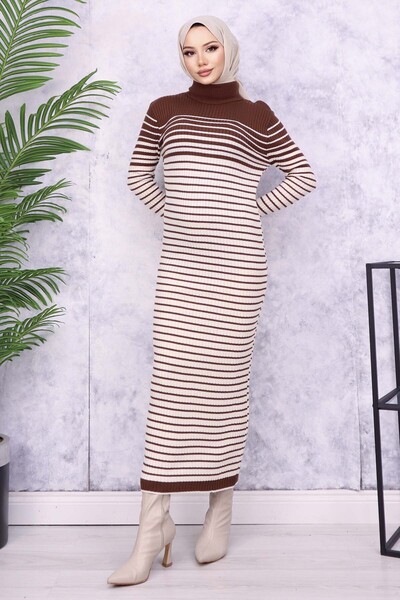 benguen 6143 Model Brown Turtleneck Striped Knitwear Dress