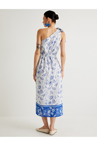 Koton Melis Ağazat - Midi šaty s květinovým potiskem na jedno rameno, lemované a detail mašle