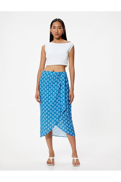 Koton Ethnic Patterned Midi Length Double Breasted Skirt - Lacing Detail