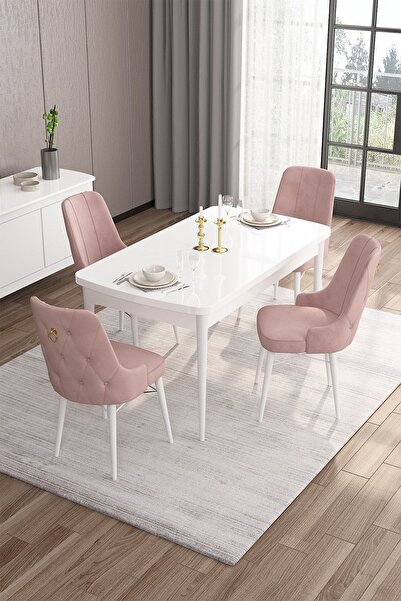 Canisa Are Serisi 80x132 Açılabilir Mdf Beyaz Mutfak Masası Takımı 4 Pembe Sa...