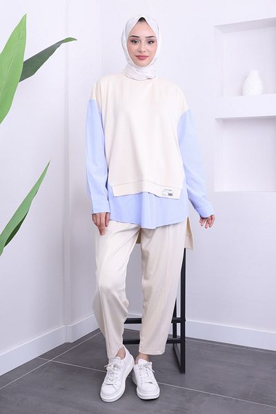 İmajButik Cream Shirt Garnished Pants Suit