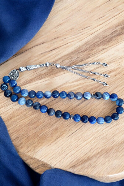 MGA DOĞAL TAŞ مسبحة من العقيق باللون الأزرق الداكن مقاس 33 بوصة مسبحة من الحج...