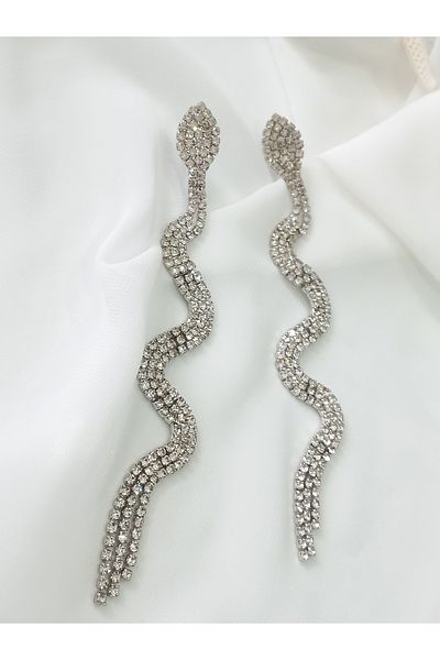 İPAR AKSESUAR Snake Metal Silver Earring with Zircon Stone