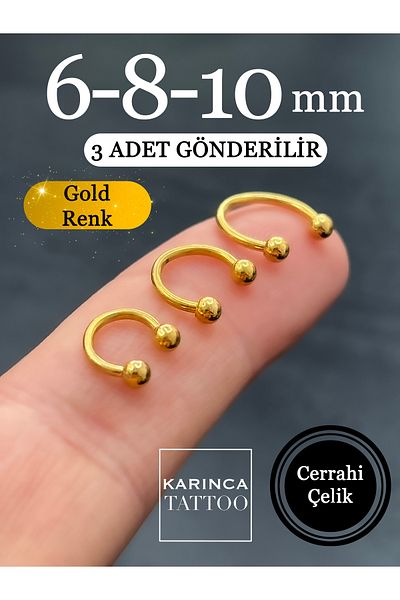 Karınca Piercing 3 Size Gold 6mm 8mm 10mm Septum Rook Orbital Conch Eyebrow Lip Helix Cartilage Tragus Piercing (3pcs)