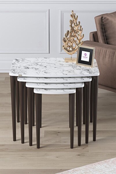 Canisa Concept Telwe Serisi, 1.sınıf Mdf 4'lü Zigon Sehpa Takım, Beyaz Mermer...