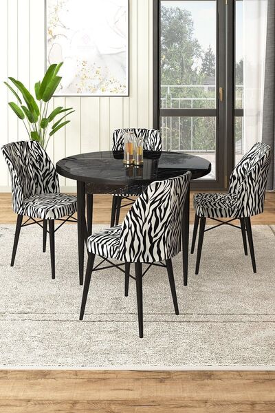 Canisa Concept Rox Serisi 90x90 Yuvarlak Siyah Mermer Desen Masa Ve 4 Zebra D...