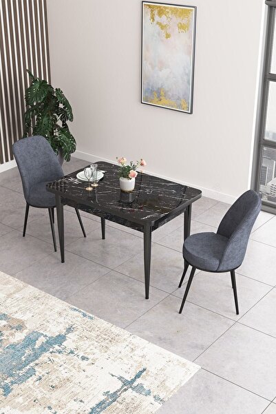Canisa Concept Nil Serisi 70x110 Sabit Mutfak Masası Takımı Siyah Mermer Dese...