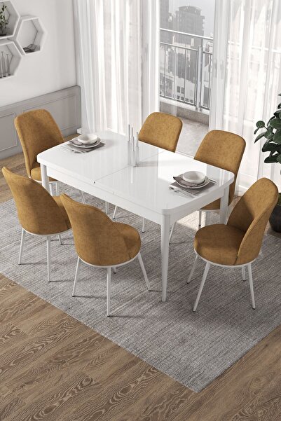 Canisa Concept Kor Serisi, 70x114 Açılabilir Beyaz Yemek Masası Takımı,6 Capp...