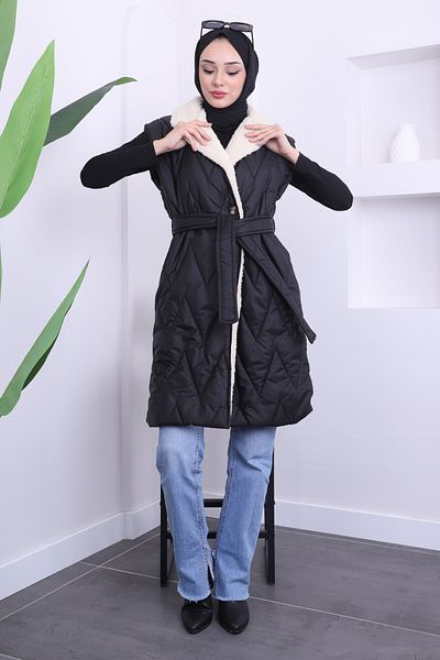 İmajButik Black Collar Sheepskin Waist Belted Inflatable Vest