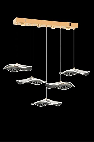 İstanbul Avize Şapka Kumandalı Led Yemek Masası 5'li Gold Üç Renk Ledli Lüx Modern Ledli Avize