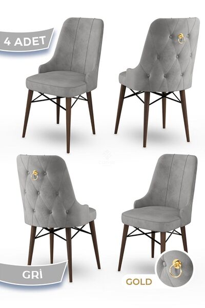 Canisa Pare Serisi, 4 Adet Gri Sandalye, 1.sınıf Babyface Ithal Kumaş Sandalye, Ceviz Gürgen Ayak