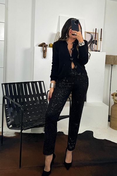 Sohotique By P Black Sequin Slim Fit Trousers
