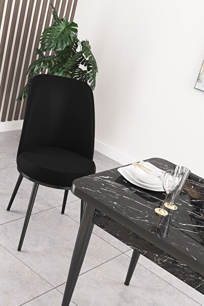 Canisa Concept Nil Serisi 70x110 Sabit Mutfak Masası Takımı Siyah Mermer Desen Masa 4 Siyah Sandalye