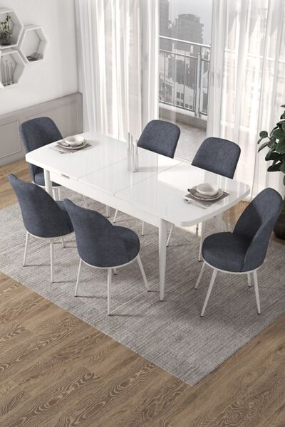 Canisa Concept Via Serisi 80x132 Açılabilir Mutfak Masası Takımı Beyaz Masa 6...