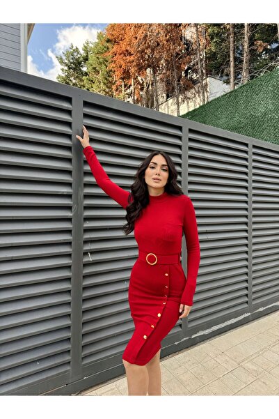 Sindimoda Eteği  Düğmeli Kemerli Midi Boy Elbise