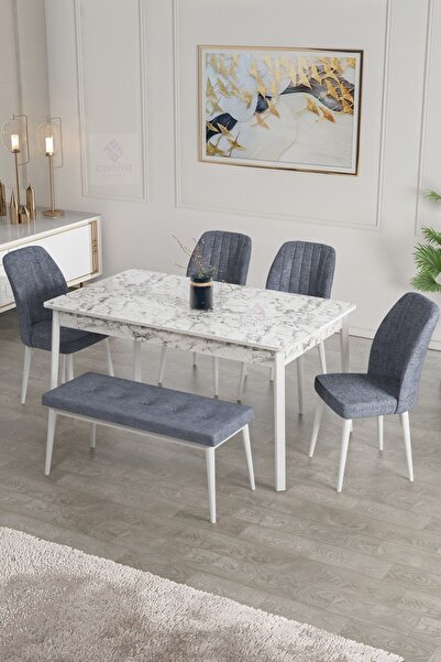 Canisa Concept Ada Serisi 80x130 Sabit, Bench'li Beyaz Mermer Masa Takımı 4sa...