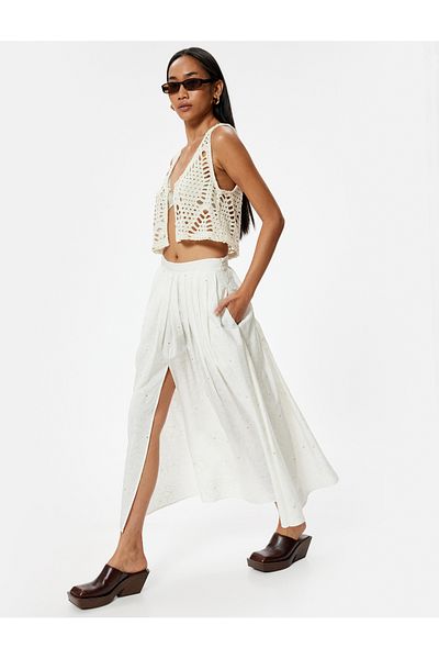Koton Viscose Fabric - Pleated Long Flared Skirt, Pocketed Flower Patterned Slit