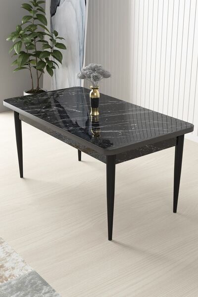 Canisa Concept Nil Serisi 70x110 Sabit Mutfak Masası Takımı Siyah Mermer Desen Masa 4 Füme Sandalye