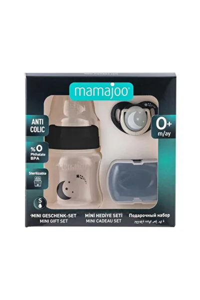 Mamajoo Newborn Baby Set | Anti-Colic Baby Bottle 150ml Black, Orthodontic Pacifier & Storage Box, 3Pcs