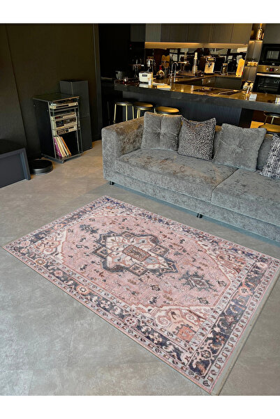 Rugs Modern Halı Asya Koleksiyonu Eskitme Görünümlü Pembe Gri Dokuma Taban Mo...