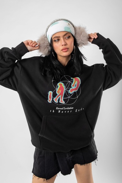 Bak Moda Eternal Levitation Printed Oversize Unisex Black Hoodie
