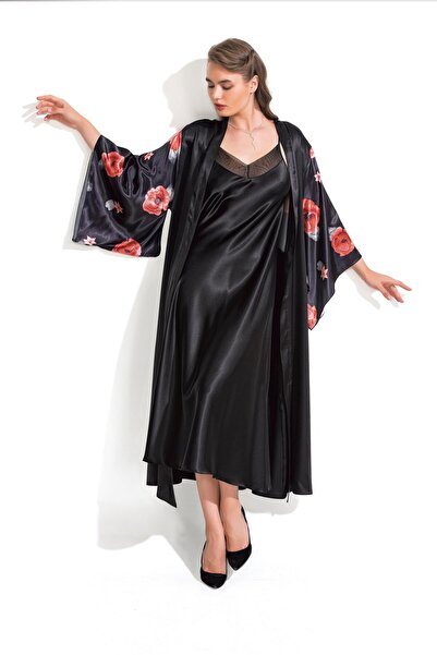 MOONGIRL Siyah Kadın Saten Uzun Sabahlık Gecelik Takım