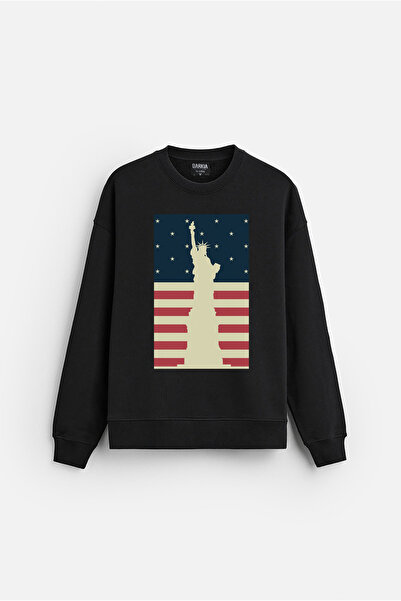 MODA Hanorac negru supradimensionat din bumbac, fără glugă, imprimat cu Statu...