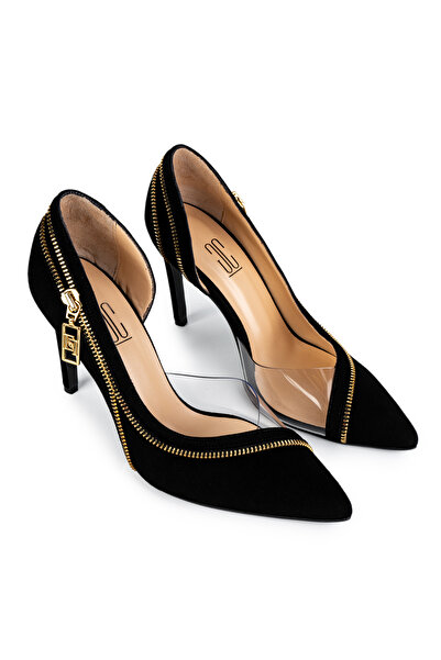 Cengiz Gümüş Siyah Süet Şeffaf  Fermuarlı Kadın Ayakkabı