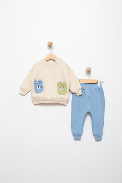 Favo Kids Unisex Baby 6-9-12-18 Months 3 Thread Teddy Bear Detailed Sweatshirt Jogger Set
