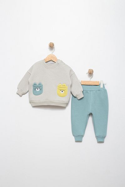 Favo Kids Unisex Baby 6-9-12-18 Months 3 Thread Teddy Bear Detailed Sweatshirt Jogger Set