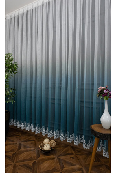 farbateks Perdele din tul plisat în 3 straturi, brodat în culoarea petrolului