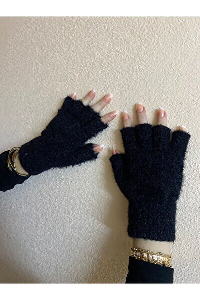 sema aksesuar Siyah Sakallı İpten Tiftik Parmakları Kesik Eldiven - Parmaksız Eldiven - Hediye - Yeni yıl Yılbaşı