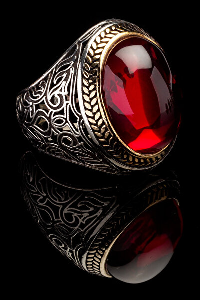 OTTOTESBİH Kırmızı Zirkon Taşlı Erkek Yüzük 925 Ayar Gümüş Yüzük