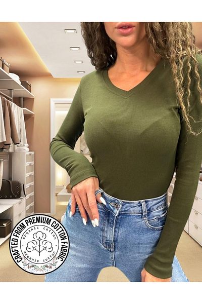 ALYA UNDERWEAR Body camisole din bumbac cu nervuri din lycra verde armată - Hanorac cu decolteu în V și Badi