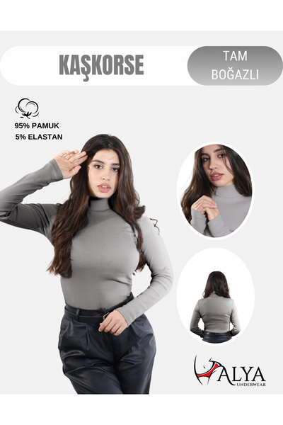 ALYA UNDERWEAR Kaşkorse Tam Boğazlı Body Sweatshirt, Fitilli Kumaş, Likralı, ...