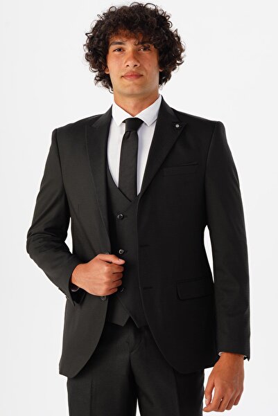 SÜVARİ Slim Armürlü Yelekli Takım Elbise